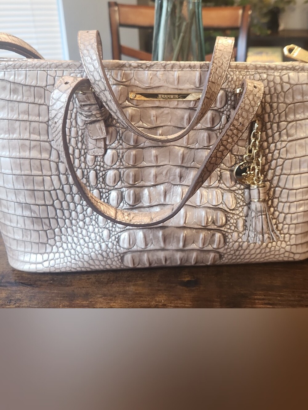 Brahmin Croc-Texture Metallic Taupe Crossbody Bag